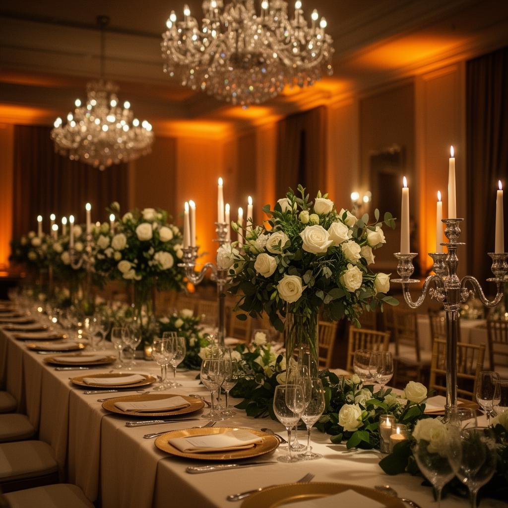 Meticulously decorated luxury banquet hall with candelabras and floral centerpieces